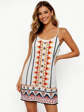 Lulus ∧.E.L.Y. Los Angeles Aztec Embroidered Adj Straps Lined Boho Mini Dress S